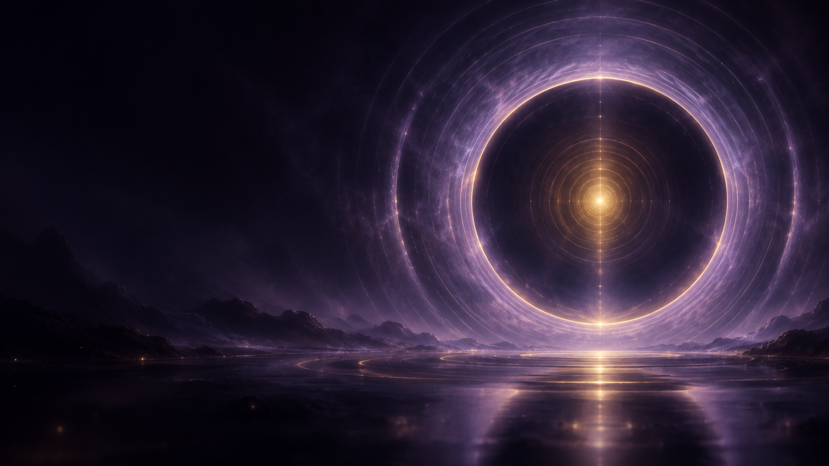 A luminous violet and gold circular frequency portal over still water